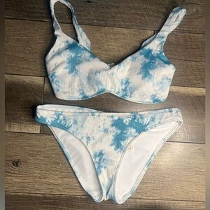 blue and white tie die bikini with a tie back